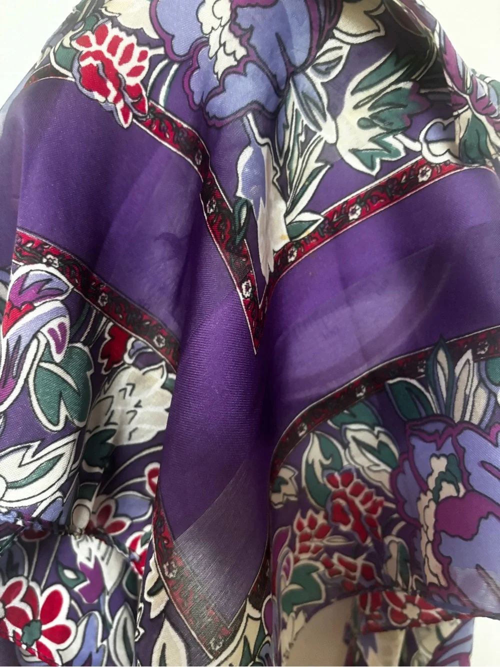 Vintage Floral Print Silk Scarf Blue Purple Pink Multi-Color